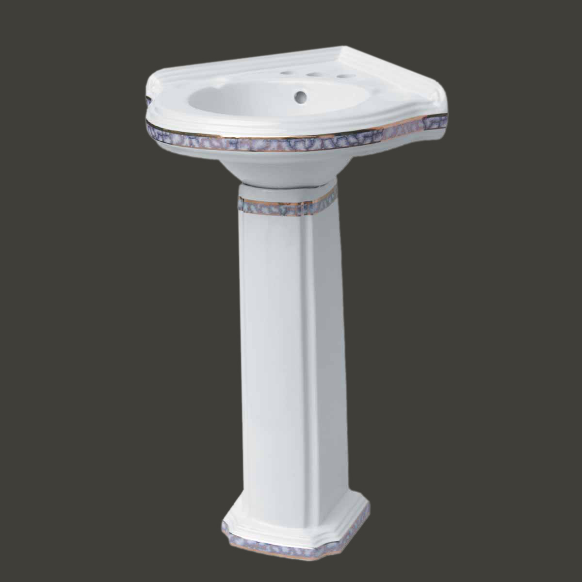 Bathroom Corner Pedestal Sink White China Gold Trim